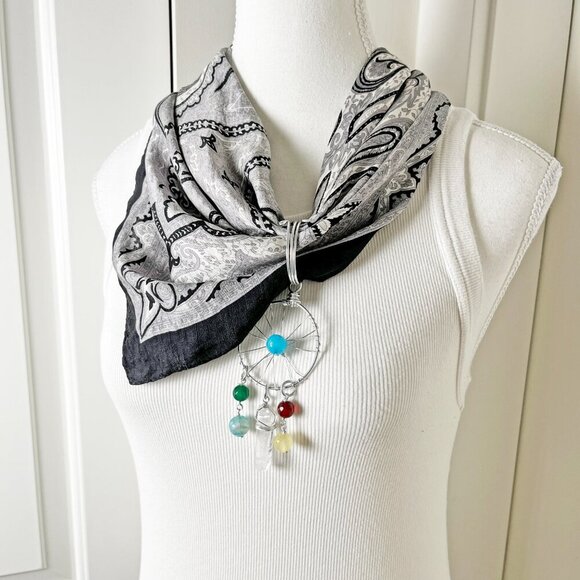 One-of Black & White Silk Bandanna w/ Gemstone Dreamcatcher Pendant Necklace Set - Picture 3 of 9